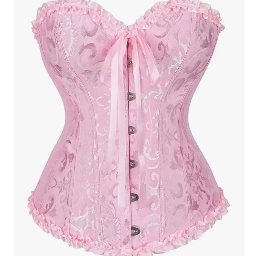 Pink Floral Jacquard Bustier Lace Up Corset Top Ruffle Hem Castle Fairy Small - Picture 2 of 14